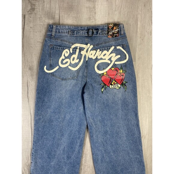 Ed Hardy Heart Dagger Love Wide Leg Loose Fit Retro Light Jeans Size 32 Y2K R - Picture 2 of 11